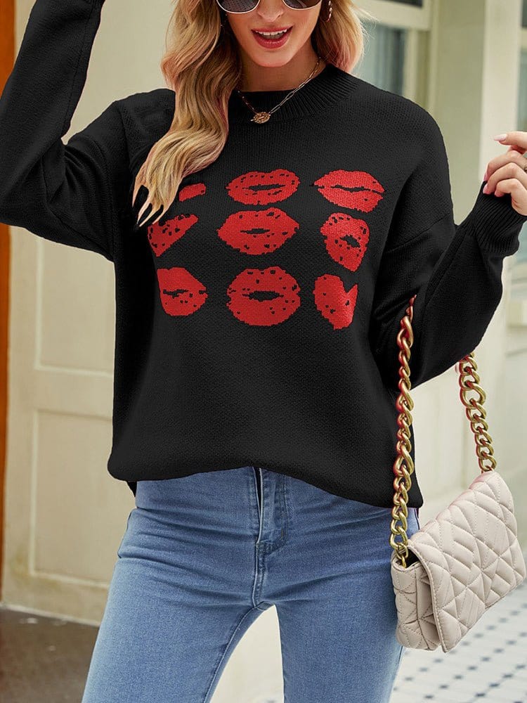 Knitted Love Lips Printed Long Sleeved Sweater SWE2212261447BLAS Black / 2 (S)