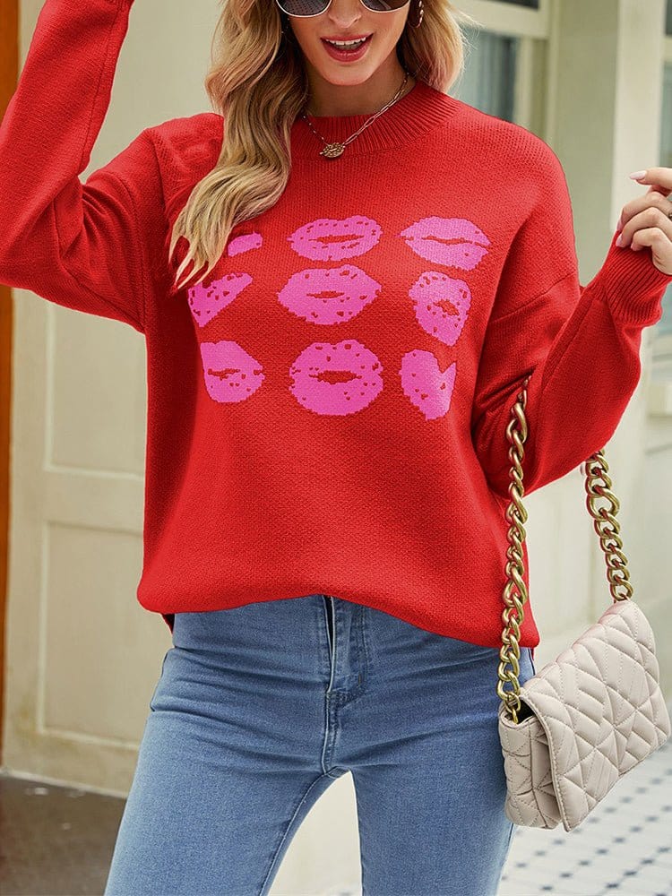 Knitted Love Lips Printed Long Sleeved Sweater SWE2212261447REDS Red / 2 (S)