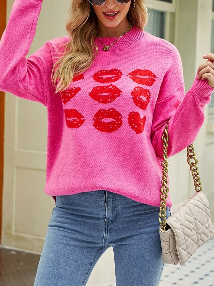 Knitted Love Lips Printed Long Sleeved Sweater SWE2212261447ROSS DeepPink / 2 (S)