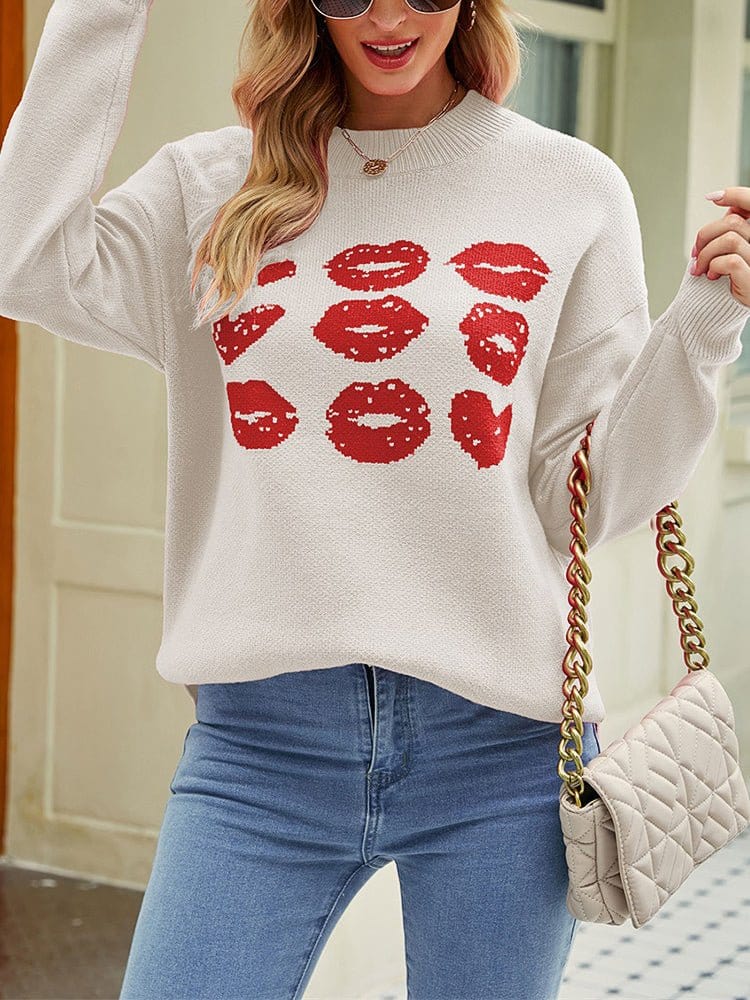 Knitted Love Lips Printed Long Sleeved Sweater SWE2212261447APRS White / 2 (S)