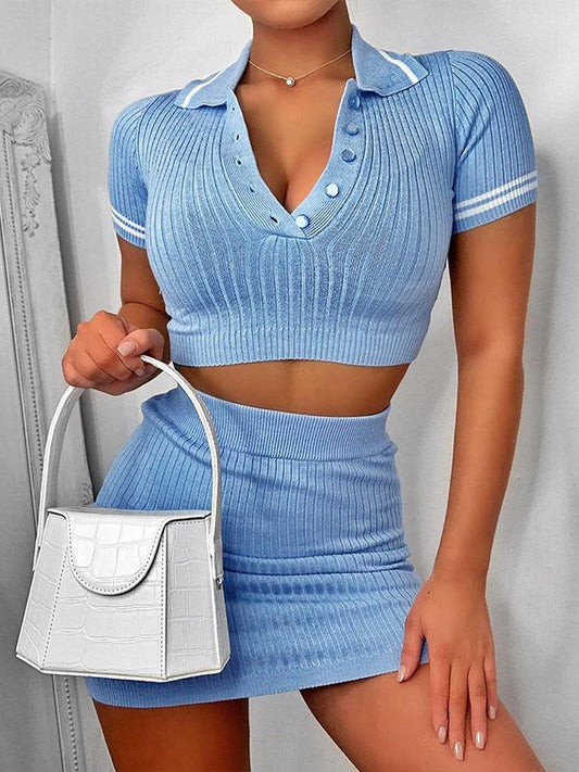 Knitted Ribbed Knitting Crop Top Two Pieces Set Set210424162BLUS Blue / S