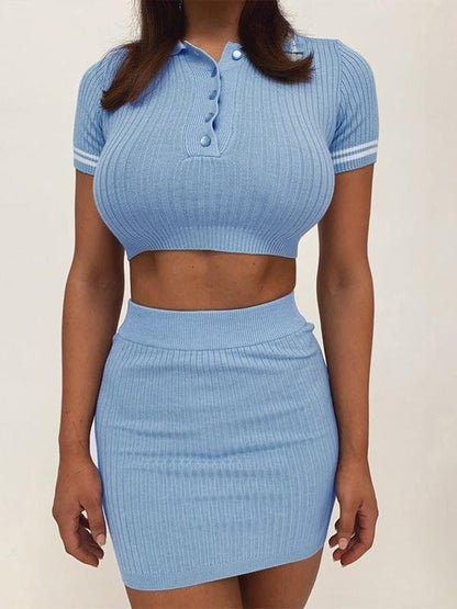 Knitted Ribbed Knitting Crop Top Two Pieces Set