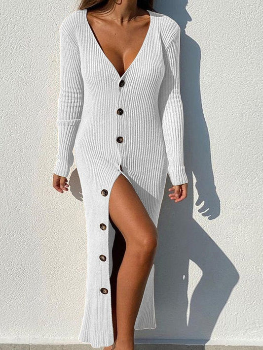 Knitting Thread Button Long Sleeve Maxi Dress cc4DRE2212265687WHIS White / 2 (S)