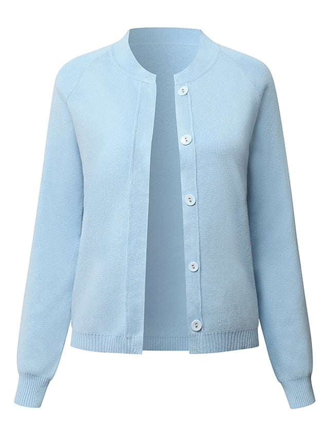 Women's Cardigan Knitted Button Pure Color Stylish Basic Casual Long Sleeve Regular Fit Sweater Cardigans Open Front Fall Spring Light Blue Creamy-white Green / Holiday / Going out - LuckyFash™