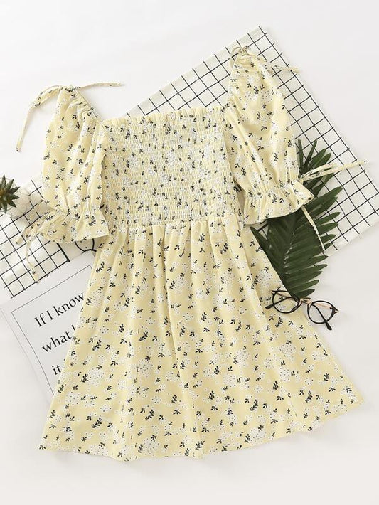 Knot Detail Ditsy Floral Shirred Dress DRE210319651YELS S / Yellow