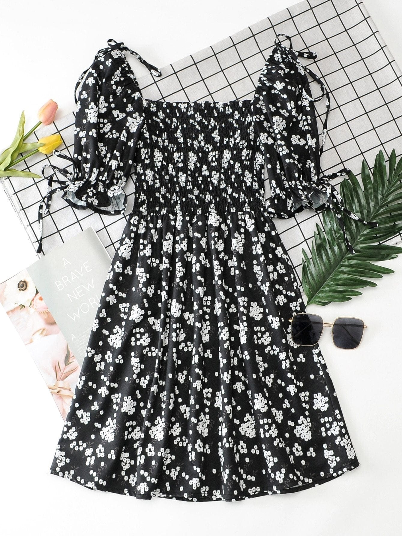 Knot Detail Ditsy Floral Shirred Dress