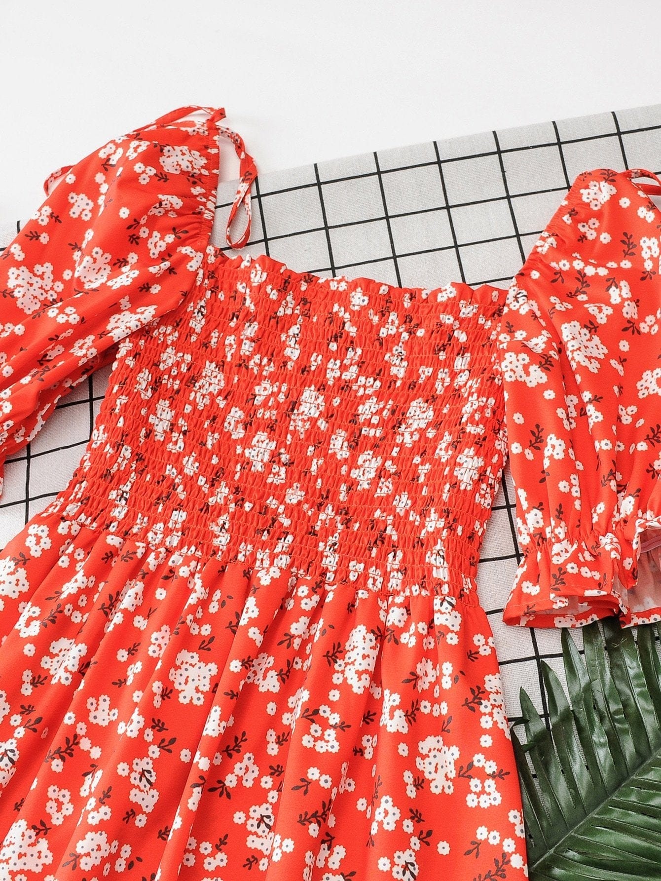 Knot Detail Ditsy Floral Shirred Dress