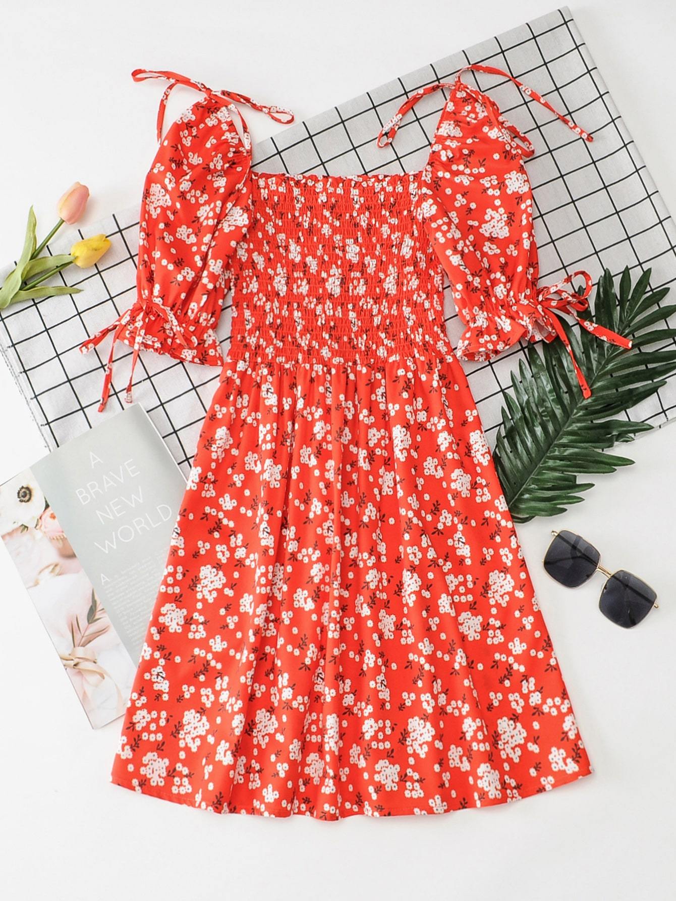 Knot Detail Ditsy Floral Shirred Dress