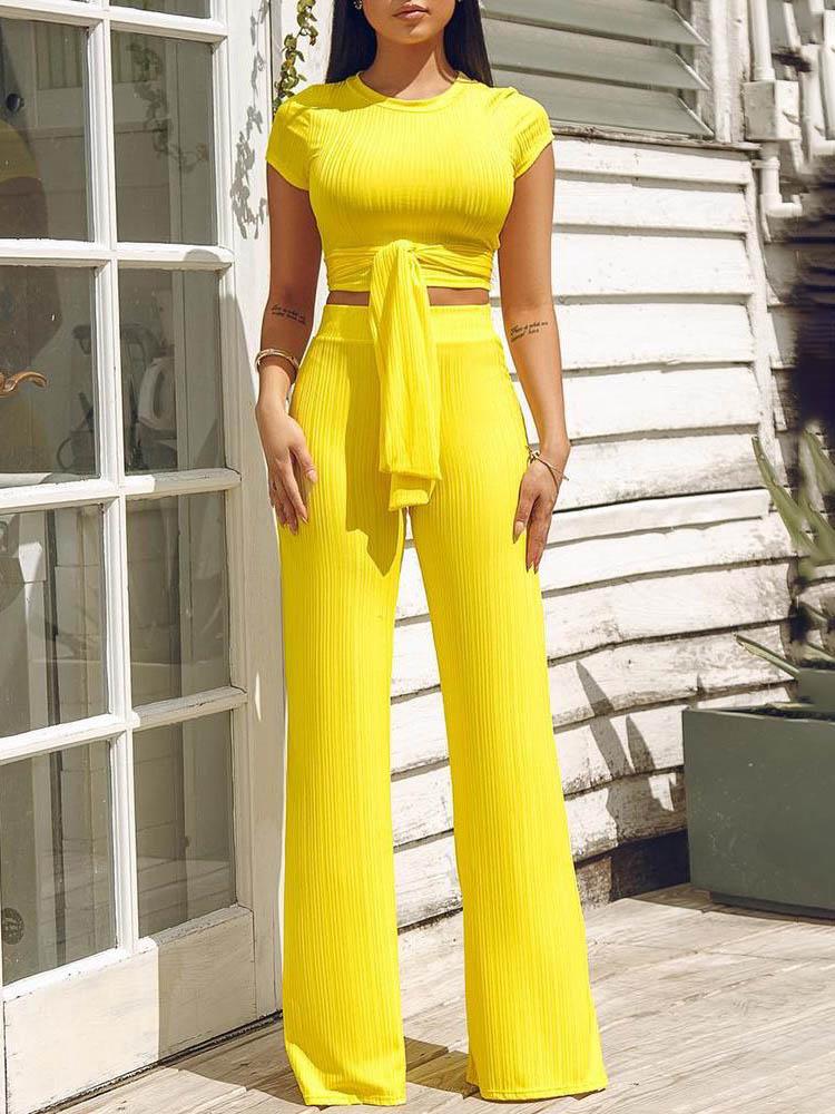 Knot Front Crop Top & Wide Leg Pants Set