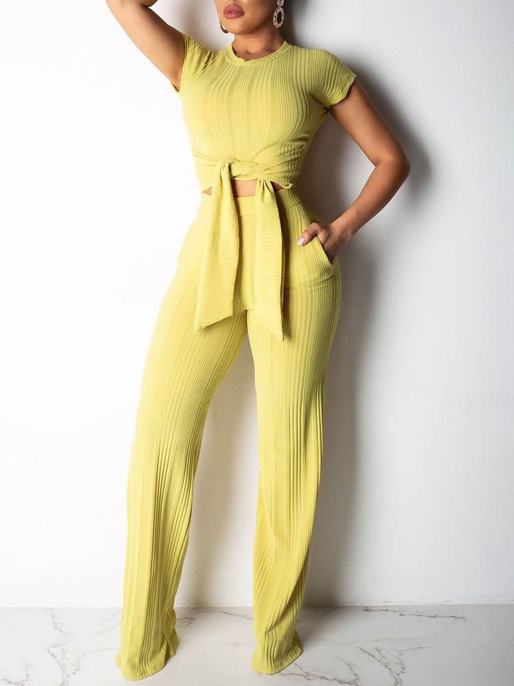 Knot Front Crop Top & Wide Leg Pants Set