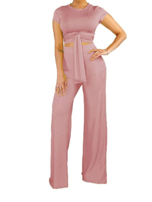 Knot Front Crop Top & Wide Leg Pants Set temp639794341880056 Pink / S