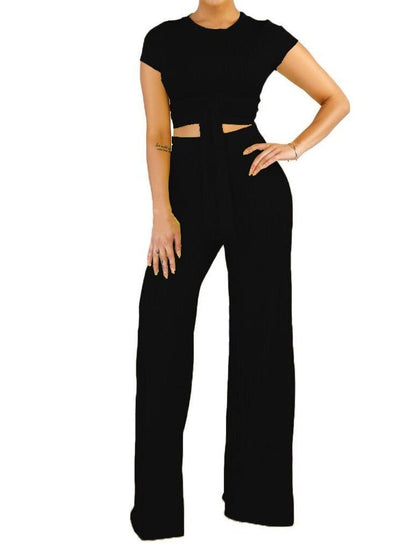 Knot Front Crop Top & Wide Leg Pants Set for Women temp1068516272493530 Black / S