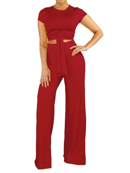 Knot Front Crop Top & Wide Leg Pants Set for Women temp1121540324193410 Red / S