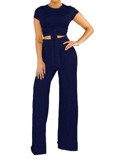 Knot Front Crop Top & Wide Leg Pants Set for Women temp670559501351981 Dark blue / S