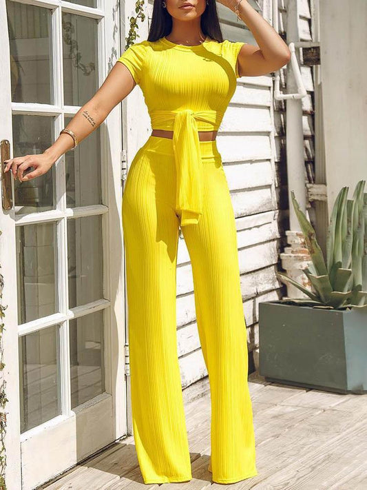 Knot Front Crop Top & Wide Leg Pants Set for Women SET210504069S Yellow / S