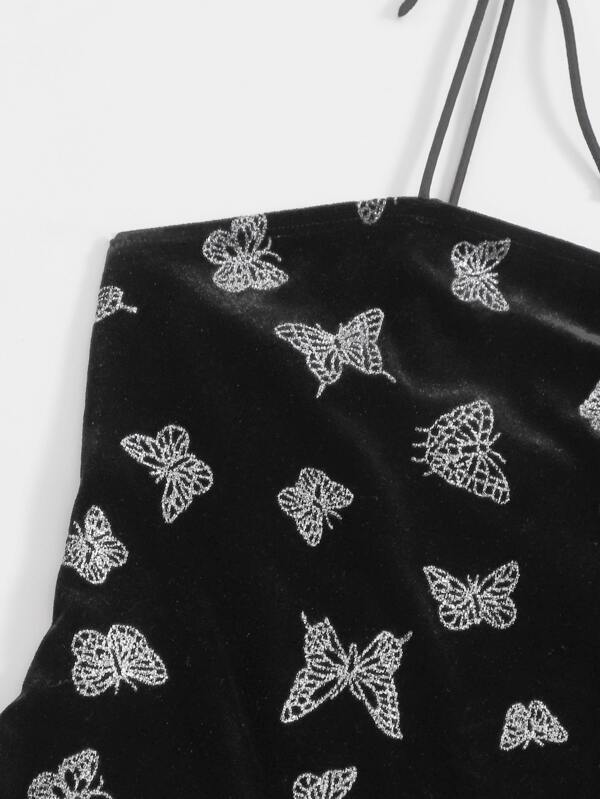 Knot Strap Split Hem Glitter Butterfly Velvet Dress DRE210302326BLA Free size / Black