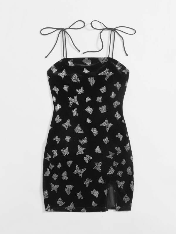 Knot Strap Split Hem Glitter Butterfly Velvet Dress DRE210302326BLA Free size / Black