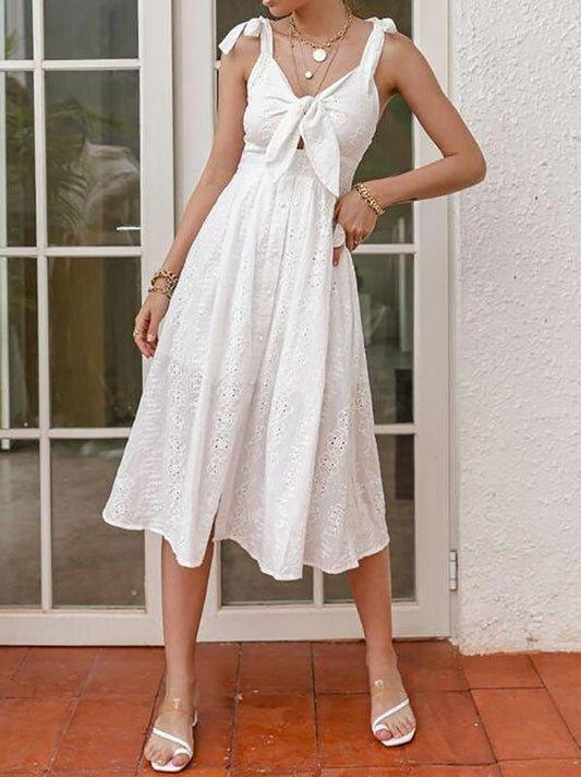 Knot Straps Tie Front Eyelet Embroidery Cami Dress DRE210225207WHIS S / White