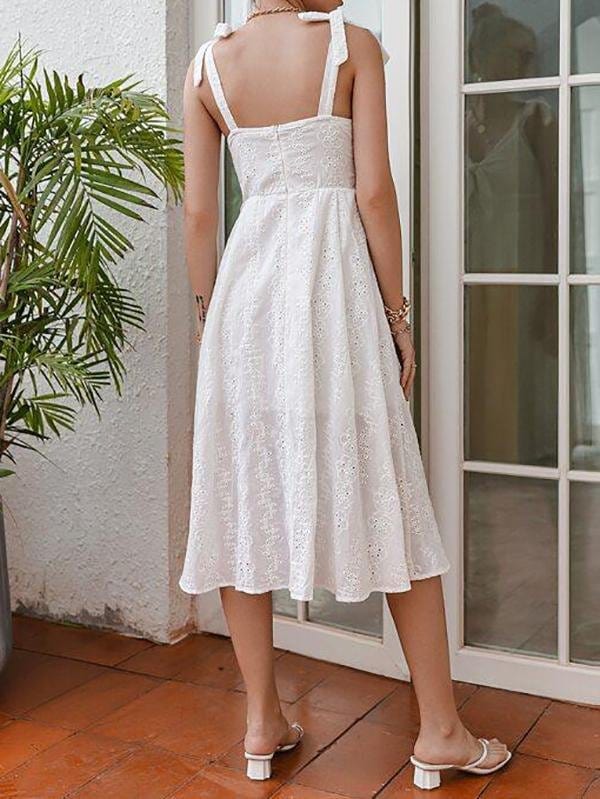 Knot Straps Tie Front Eyelet Embroidery Cami Dress