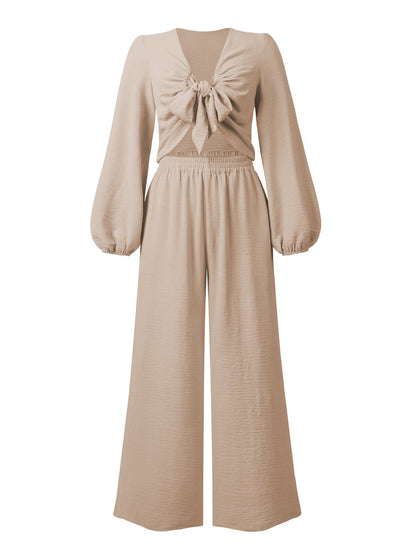 Knotted Long Sleeve Top & Wide Leg Pants Two-Piece Set