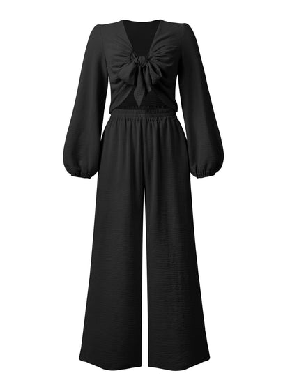 Knotted Long Sleeve Top & Wide Leg Pants Two-Piece Set