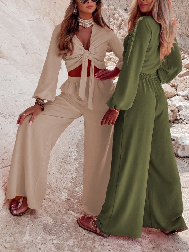 Knotted Long Sleeve Top & Wide Leg Pants Two-Piece Set