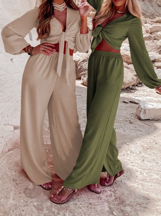 Knotted Long Sleeve Top & Wide Leg Pants Two-Piece Set Set2207151606GRES Green / 2 (S)