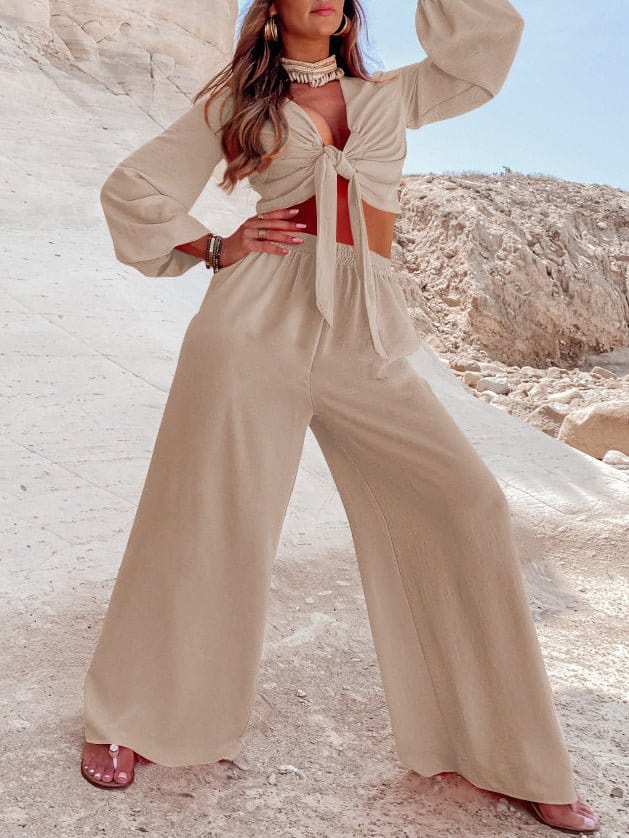 Knotted Long Sleeve Top & Wide Leg Pants Two-Piece Set Set2207151606APRS Beige / 2 (S)