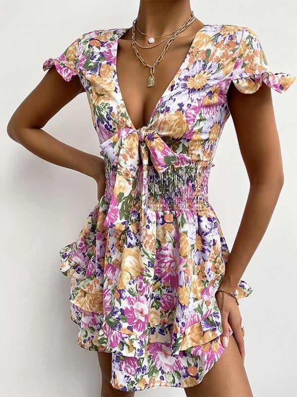 Knotted Print Ruffled V-neck Short Dress