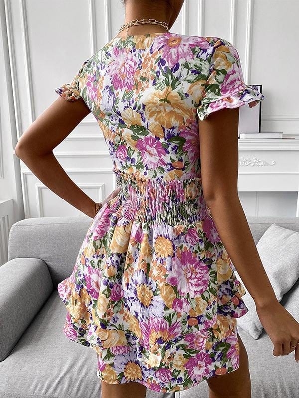 Knotted Print Ruffled V-neck Short Dress