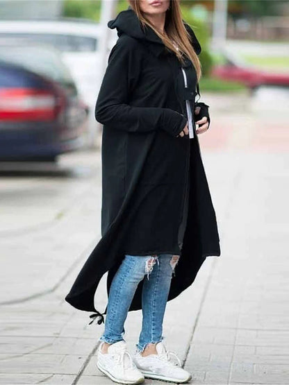 Women's Trench Coat Fall Casual Hoodied Jacket Zipper Windproof Long Coat with Poackets Street Daily Wear Winter Warm Regular Fit Stylish Long Sleeve Plain Black Dark Gray