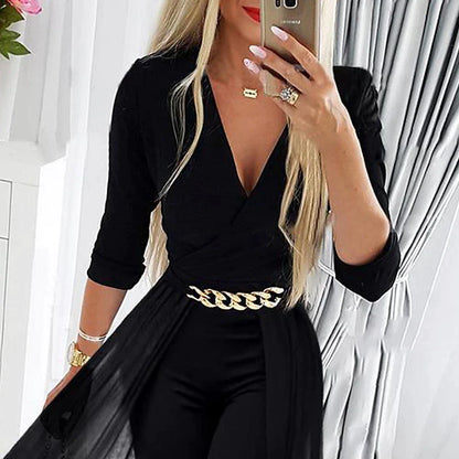 Women Party Jumpsuit Sheath  Black Long Maxi Black 3/4 Length Sleeve Pure Color Wedding Mesh Winter Fall Spring Deep V Fashion S M L XL Cold Weather