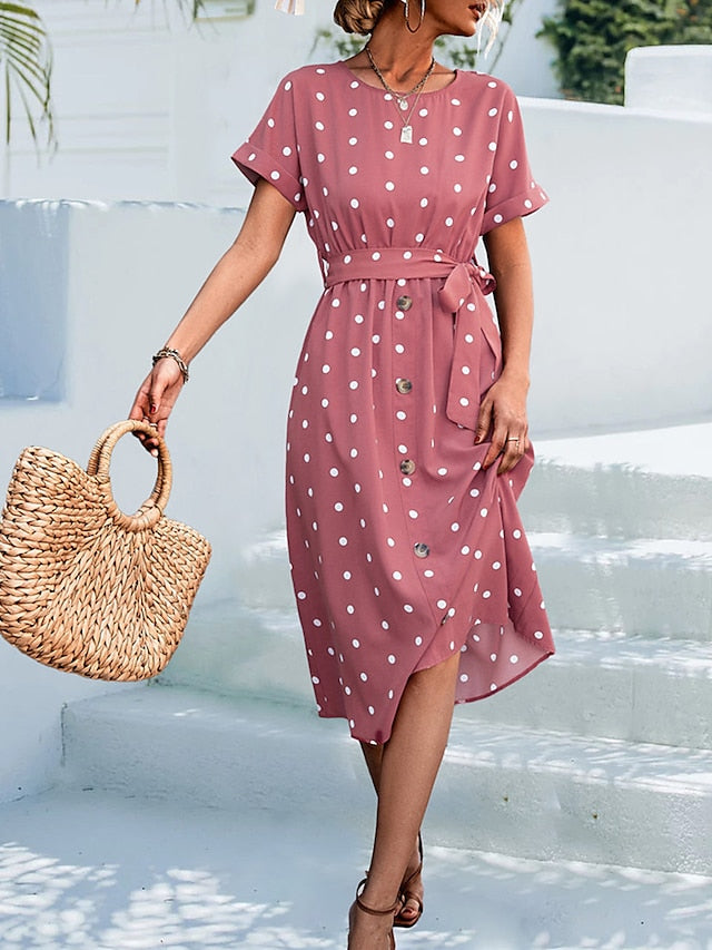 Women's Casual Dress Summer Dress PolkaÂ DotÂ Dress Polka Dot Lace up Print Crew Neck Midi Dress Fashion Streetwear Outdoor Date Short Sleeve Regular Fit Black Yellow Pink Summer Spring S M L XL - LuckyFash™