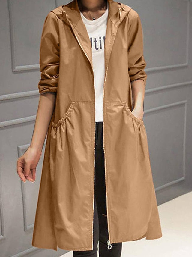 Women's Trench Coat Spring Zip up Hooded Jacket Windproof Maillard Fashion Outerwear Long Sleeve Black