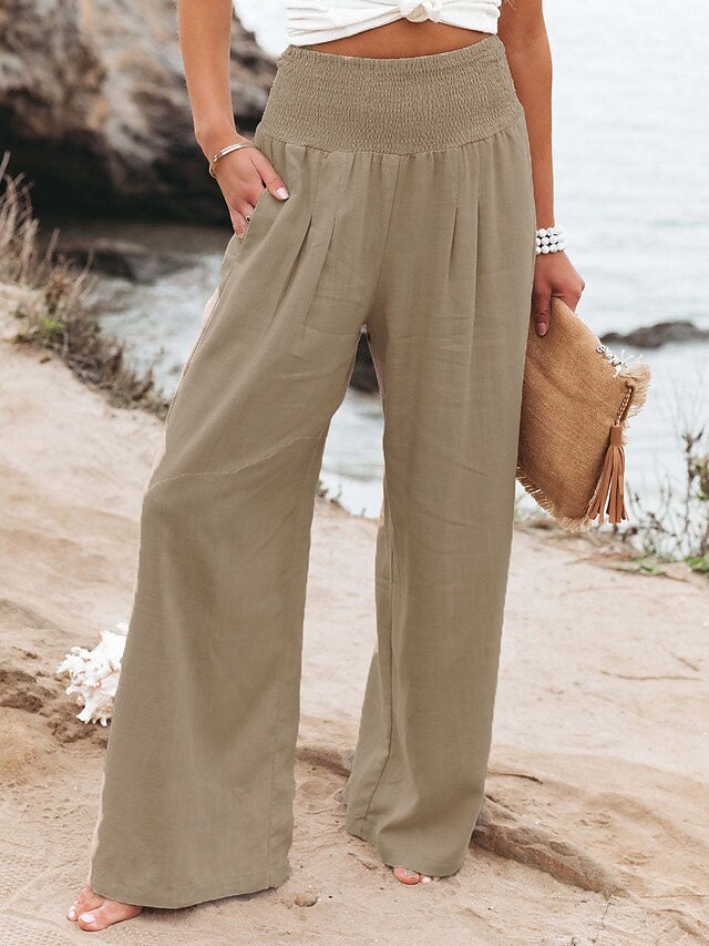 Women's Casual Fashion Culottes Wide Leg Chinos Wide Leg Side Pockets Full Length Pants Casual Weekend Micro-elastic Chinese Style Comfort Mid Waist White Black Khaki S M L XL XXL - LuckyFash™