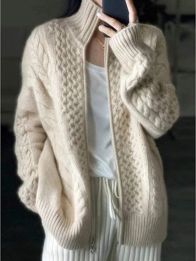 Beige Cable Knit Zippered Women's Sweater for Winter and Fall