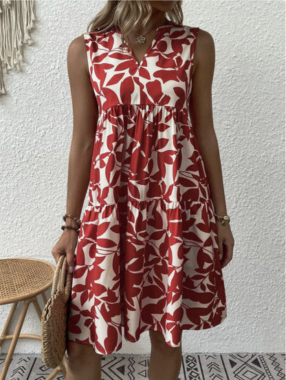 Mini Dresses - Bohemian Leaf Print Fashion Loose V-Neck Pleated Mini Dress - MsDressly