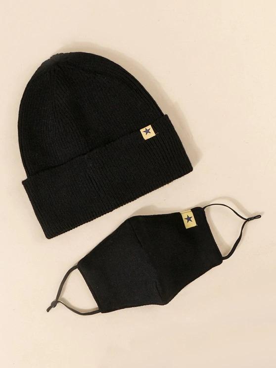 Label Button Knitted Hat Mask Set for Women BEA210225171BLA Black