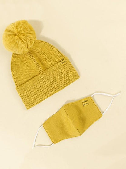 Label Button Knitted Hat Mask Set for Women temp2021045858 Yellow