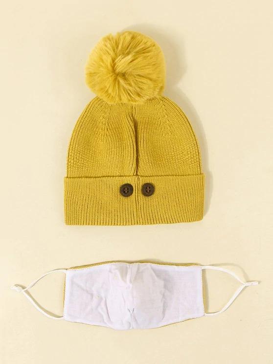 Label Button Knitted Hat Mask Set for Women