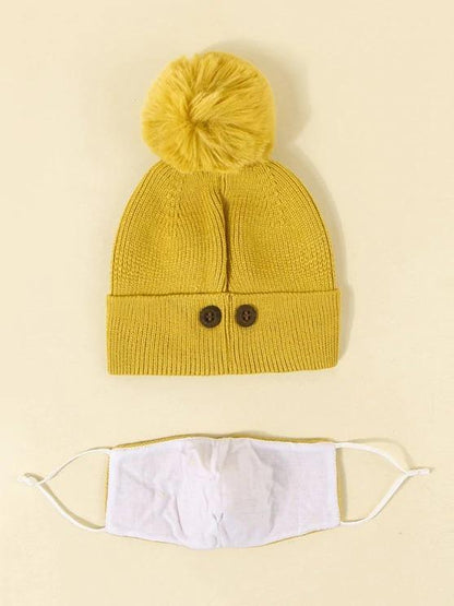 Label Button Knitted Hat Mask Set for Women