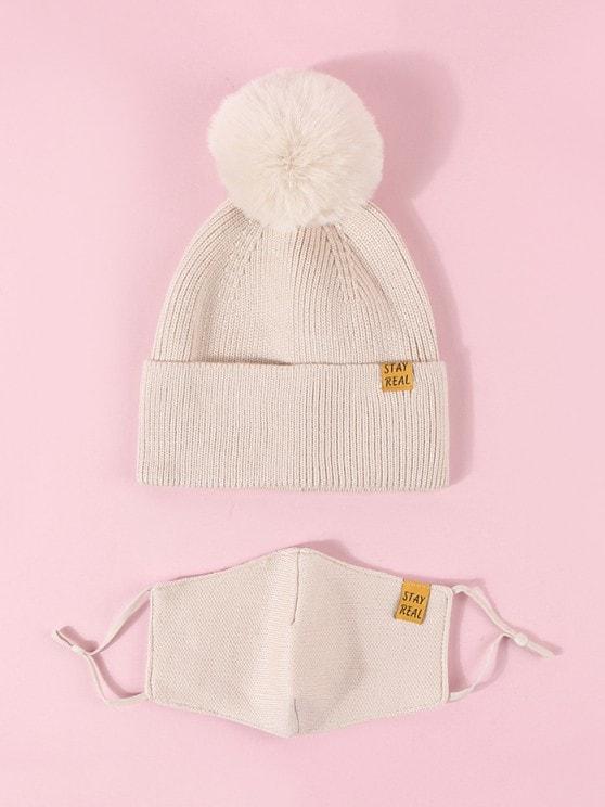 Label Button Knitted Hat Mask Set for Women