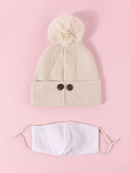 Label Button Knitted Hat Mask Set for Women