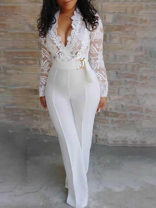 Lace Bodice Plunge Long Sleeve Jumpsuit JUM210430048S White / S
