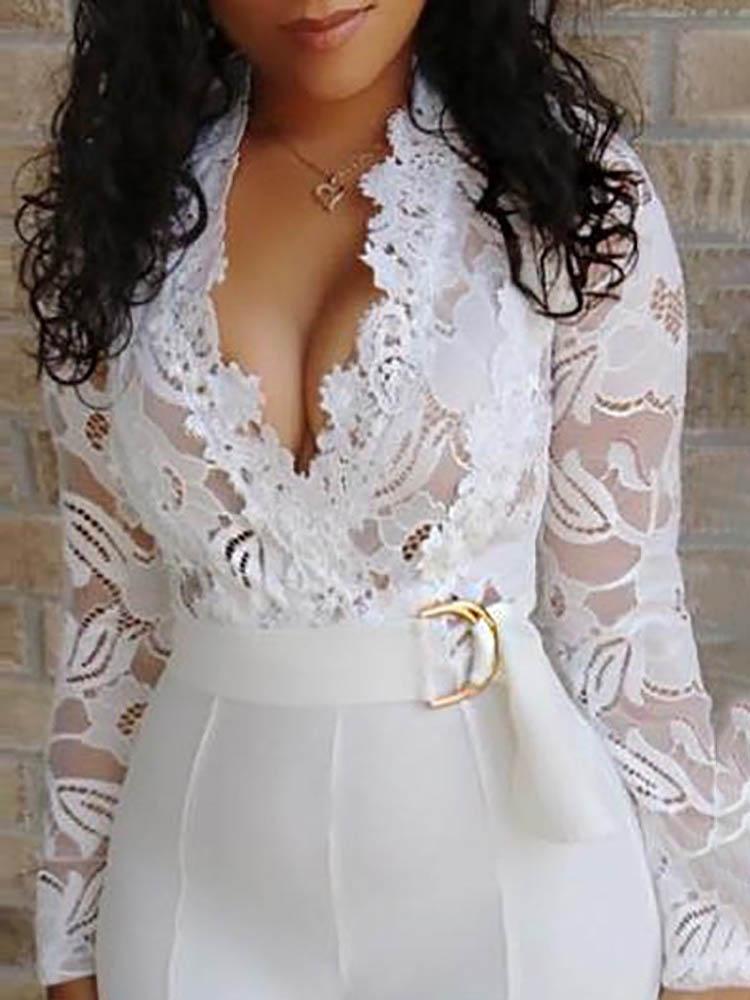 Lace Bodice Plunge Long Sleeve Jumpsuit for Women