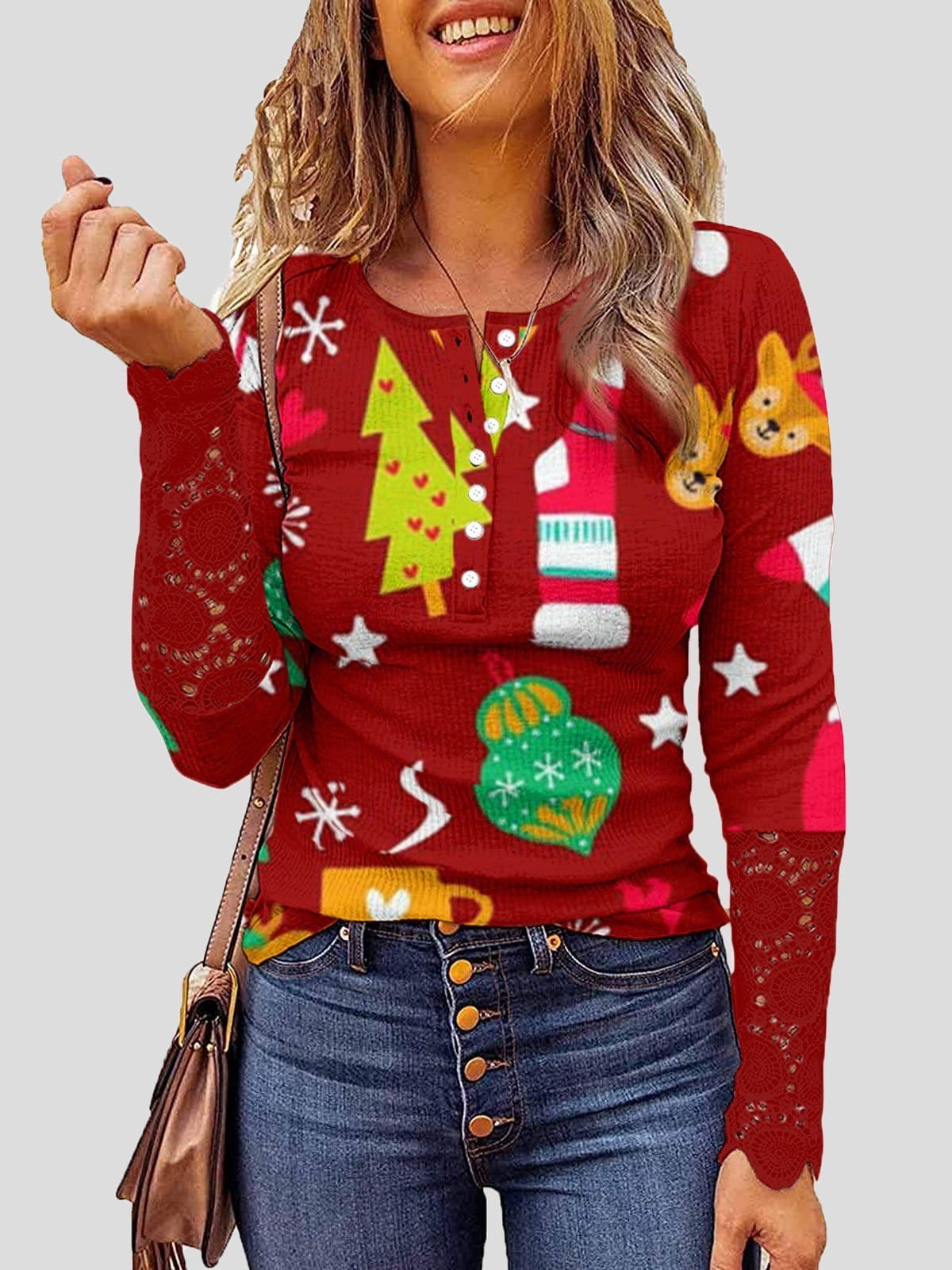 Lace Christmas Print Button Round Neck Long Sleeve T-Shirt cc1TSH2111051956REDS Red / 2 (S)