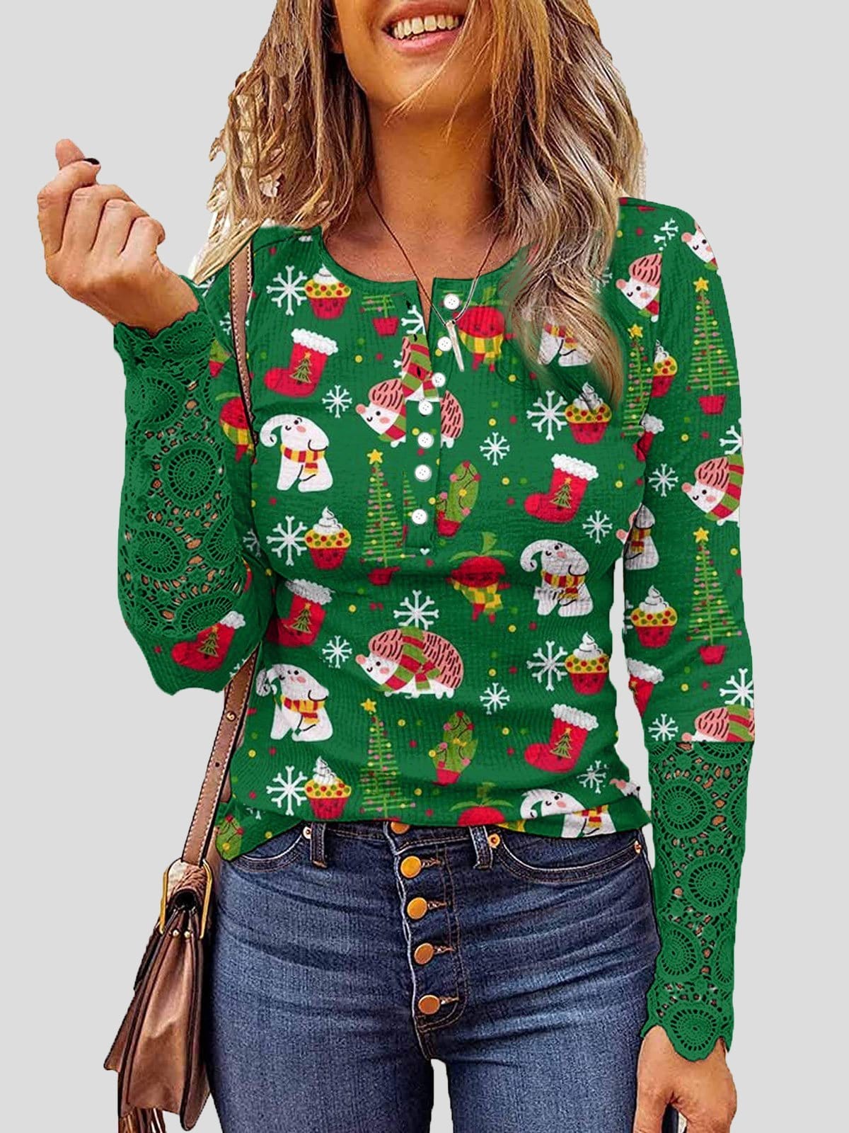 Lace Christmas Print Button Round Neck Long Sleeve T-Shirt cc1TSH2111051956GRES Green / 2 (S)