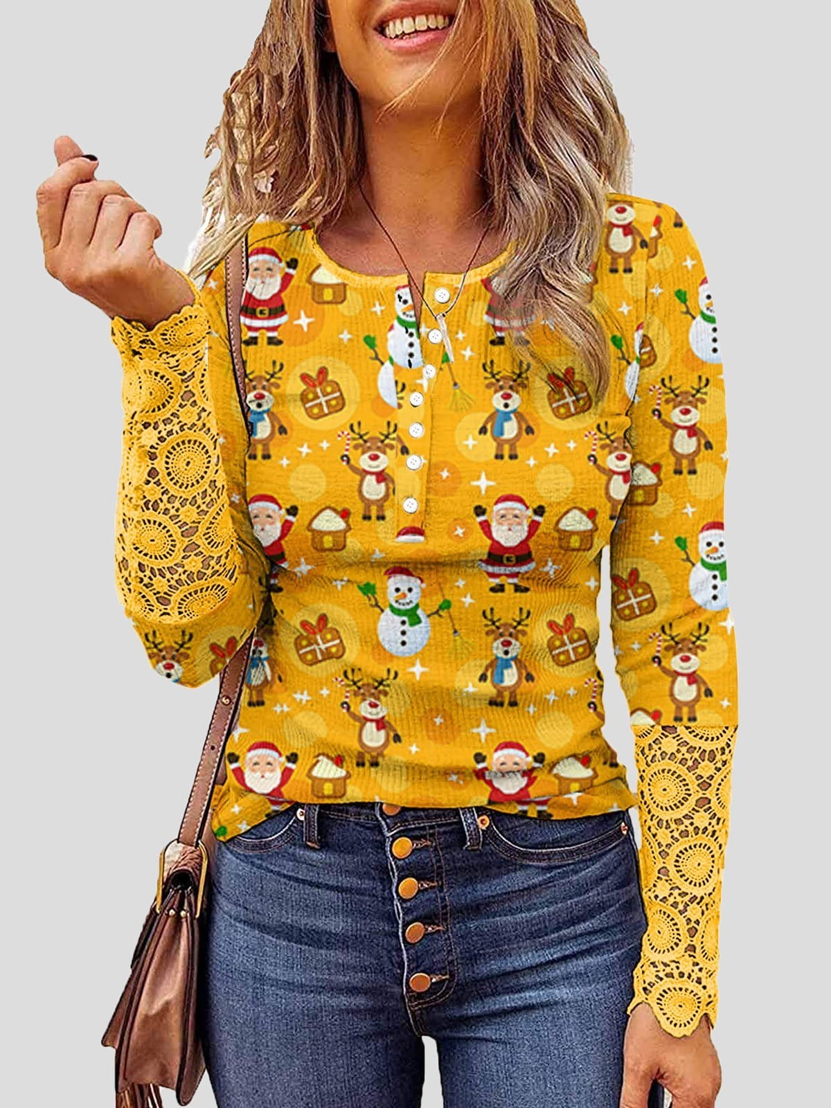 Lace Christmas Print Button Round Neck Long Sleeve T-Shirt cc1TSH2111051956YELS Yellow / 2 (S)