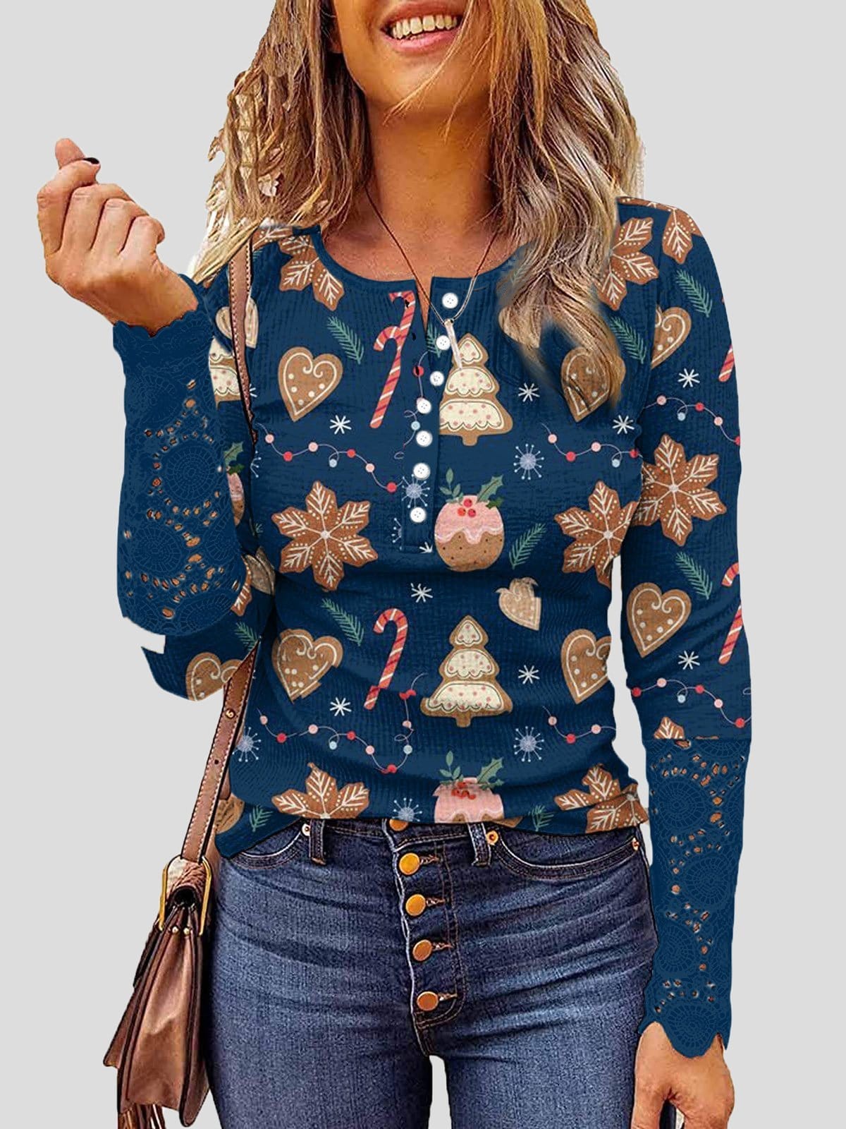 Lace Christmas Print Button Round Neck Long Sleeve T-Shirt cc1TSH2111051956BLUS Blue / 2 (S)