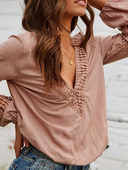 Lace Deep V-neck Long-sleeved Casual Shirt